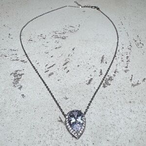 Silver Tone Purple Crystal Teardrop Pendant Necklace